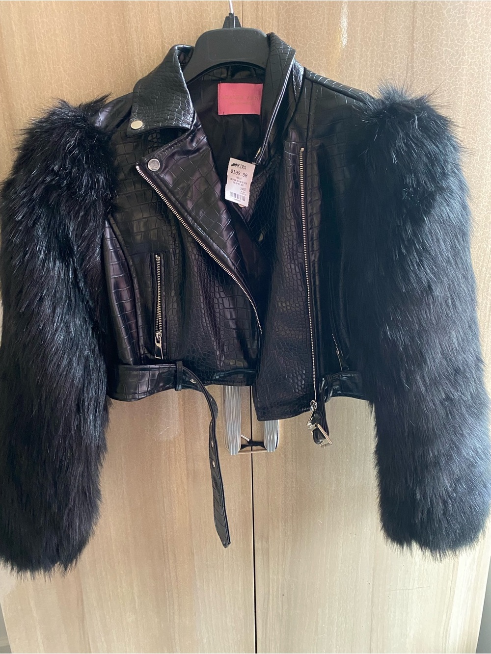 AKIRA Black Cropped Faux-Leather Jacket with Faux-Fur Sleeves